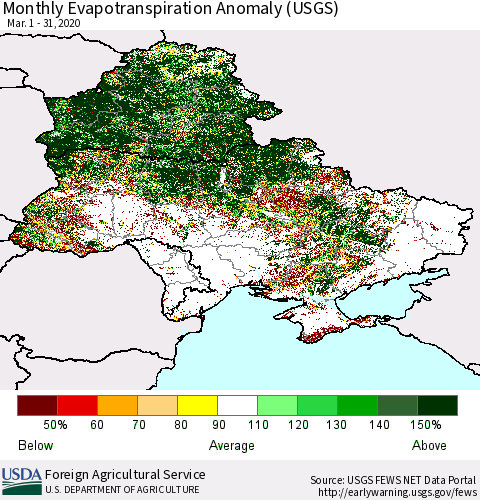 Ukraine, Moldova and Belarus Monthly Actual Evapotranspiration Anomaly (USGS) Thematic Map For 3/1/2020 - 3/31/2020