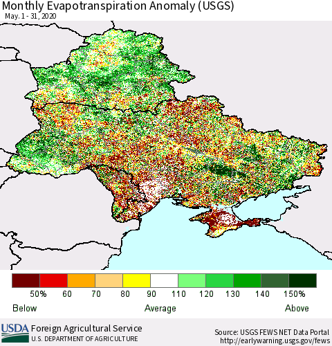 Ukraine, Moldova and Belarus Monthly Actual Evapotranspiration Anomaly (USGS) Thematic Map For 5/1/2020 - 5/31/2020