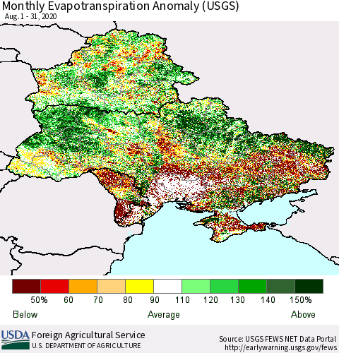 Ukraine, Moldova and Belarus Monthly Actual Evapotranspiration Anomaly (USGS) Thematic Map For 8/1/2020 - 8/31/2020