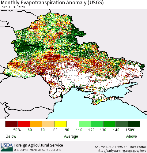 Ukraine, Moldova and Belarus Evapotranspiration Anomaly 1-Month (USGS) Thematic Map For 9/1/2020 - 9/30/2020