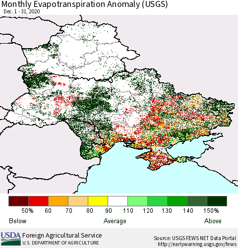 Ukraine, Moldova and Belarus Evapotranspiration Anomaly 1-Month (USGS) Thematic Map For 12/1/2020 - 12/31/2020