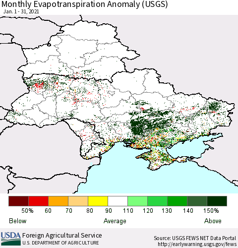 Ukraine, Moldova and Belarus Monthly Actual Evapotranspiration Anomaly (USGS) Thematic Map For 1/1/2021 - 1/31/2021