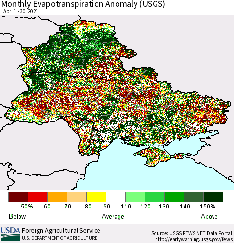 Ukraine, Moldova and Belarus Evapotranspiration Anomaly 1-Month (USGS) Thematic Map For 4/1/2021 - 4/30/2021
