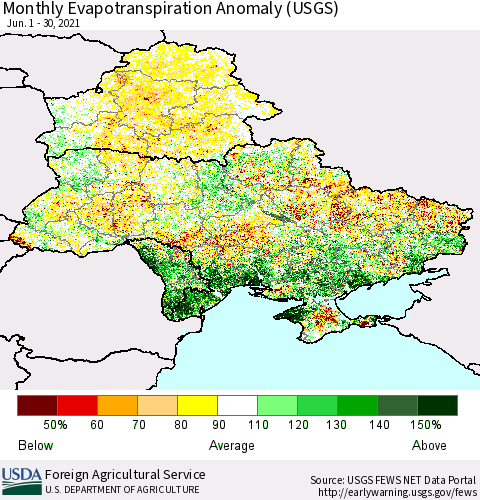 Ukraine, Moldova and Belarus Monthly Evapotranspiration Anomaly (USGS) Thematic Map For 6/1/2021 - 6/30/2021