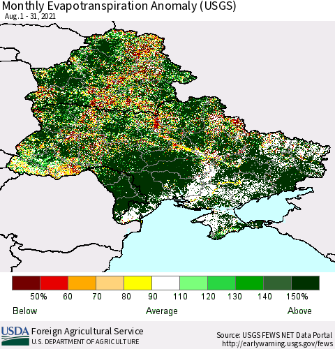 Ukraine, Moldova and Belarus Monthly Actual Evapotranspiration Anomaly (USGS) Thematic Map For 8/1/2021 - 8/31/2021
