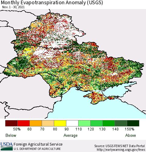 Ukraine, Moldova and Belarus Monthly Actual Evapotranspiration Anomaly (USGS) Thematic Map For 11/1/2021 - 11/30/2021