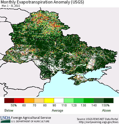 Ukraine, Moldova and Belarus Monthly Actual Evapotranspiration Anomaly (USGS) Thematic Map For 3/1/2022 - 3/31/2022