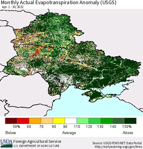 Ukraine, Moldova and Belarus Monthly Actual Evapotranspiration Anomaly (USGS) Thematic Map For 4/1/2022 - 4/30/2022