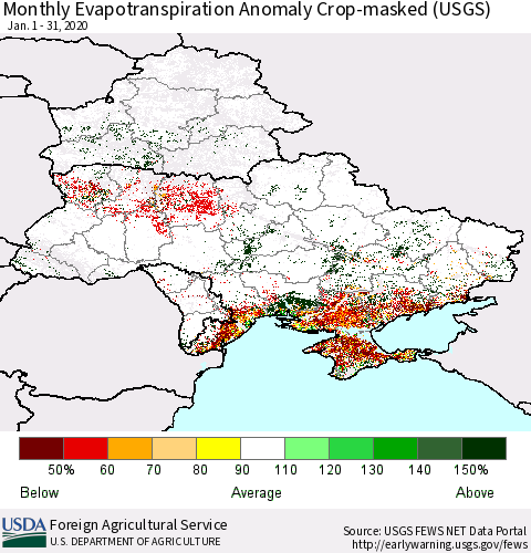 Ukraine, Moldova and Belarus Monthly Actual Evapotranspiration Anomaly over Croplands (USGS) Thematic Map For 1/1/2020 - 1/31/2020