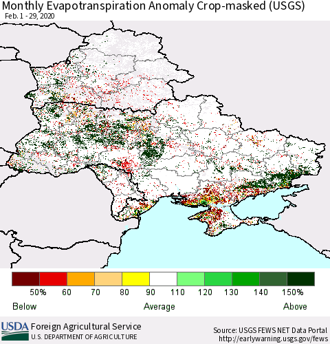 Ukraine, Moldova and Belarus Monthly Actual Evapotranspiration Anomaly over Croplands (USGS) Thematic Map For 2/1/2020 - 2/29/2020