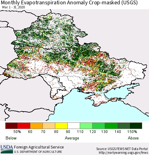 Ukraine, Moldova and Belarus Monthly Actual Evapotranspiration Anomaly over Croplands (USGS) Thematic Map For 3/1/2020 - 3/31/2020