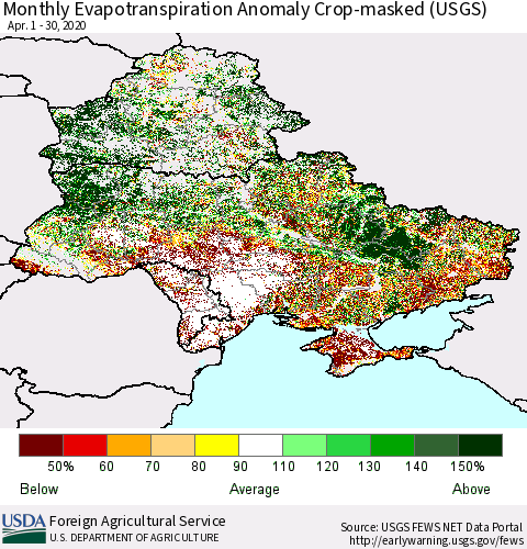 Ukraine, Moldova and Belarus Monthly Actual Evapotranspiration Anomaly over Croplands (USGS) Thematic Map For 4/1/2020 - 4/30/2020
