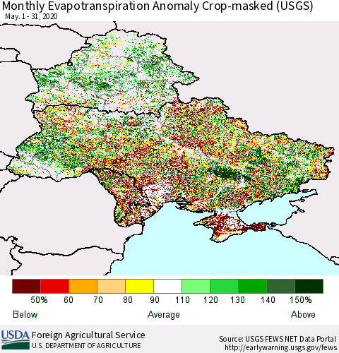 Ukraine, Moldova and Belarus Monthly Actual Evapotranspiration Anomaly over Croplands (USGS) Thematic Map For 5/1/2020 - 5/31/2020