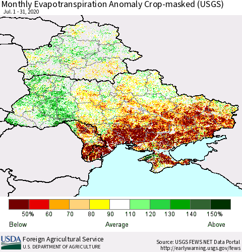 Ukraine, Moldova and Belarus Monthly Actual Evapotranspiration Anomaly over Croplands (USGS) Thematic Map For 7/1/2020 - 7/31/2020