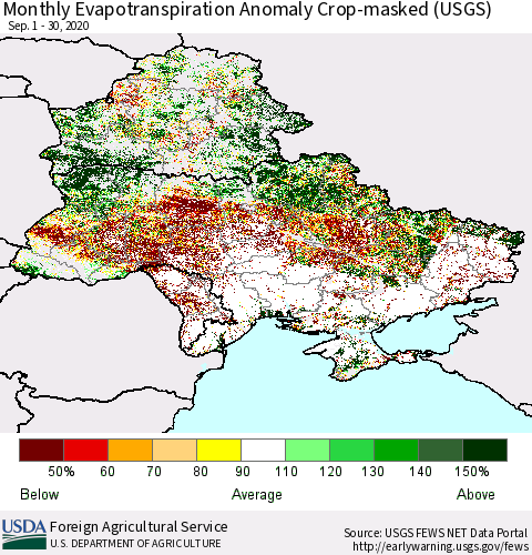 Ukraine, Moldova and Belarus Monthly Actual Evapotranspiration Anomaly over Croplands (USGS) Thematic Map For 9/1/2020 - 9/30/2020