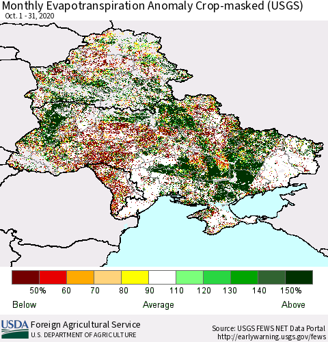 Ukraine, Moldova and Belarus Monthly Evapotranspiration Anomaly Crop-masked (USGS) Thematic Map For 10/1/2020 - 10/31/2020
