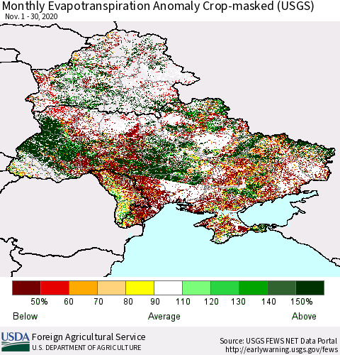 Ukraine, Moldova and Belarus Monthly Evapotranspiration Anomaly Crop-masked (USGS) Thematic Map For 11/1/2020 - 11/30/2020