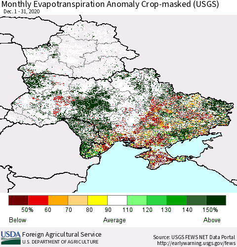 Ukraine, Moldova and Belarus Monthly Evapotranspiration Anomaly Crop-masked (USGS) Thematic Map For 12/1/2020 - 12/31/2020