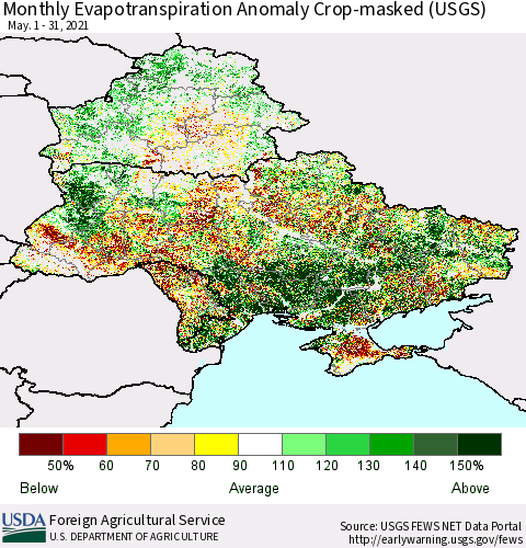 Ukraine, Moldova and Belarus Monthly Actual Evapotranspiration Anomaly over Croplands (USGS) Thematic Map For 5/1/2021 - 5/31/2021