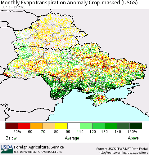 Ukraine, Moldova and Belarus Monthly Actual Evapotranspiration Anomaly over Croplands (USGS) Thematic Map For 6/1/2021 - 6/30/2021