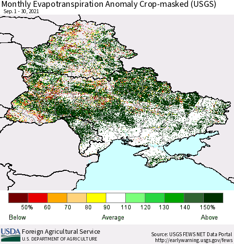 Ukraine, Moldova and Belarus Monthly Actual Evapotranspiration Anomaly over Croplands (USGS) Thematic Map For 9/1/2021 - 9/30/2021