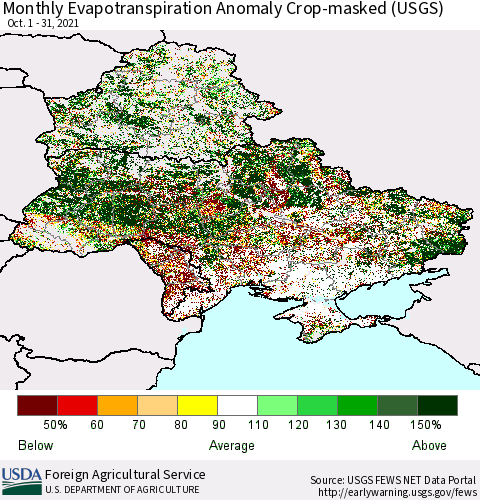 Ukraine, Moldova and Belarus Monthly Actual Evapotranspiration Anomaly over Croplands (USGS) Thematic Map For 10/1/2021 - 10/31/2021