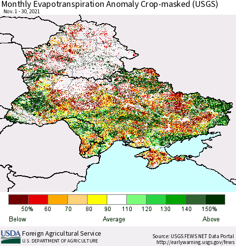 Ukraine, Moldova and Belarus Monthly Actual Evapotranspiration Anomaly over Croplands (USGS) Thematic Map For 11/1/2021 - 11/30/2021
