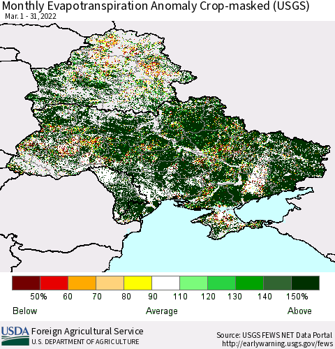 Ukraine, Moldova and Belarus Monthly Actual Evapotranspiration Anomaly over Croplands (USGS) Thematic Map For 3/1/2022 - 3/31/2022