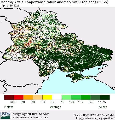 Ukraine, Moldova and Belarus Monthly Actual Evapotranspiration Anomaly over Croplands (USGS) Thematic Map For 4/1/2022 - 4/30/2022