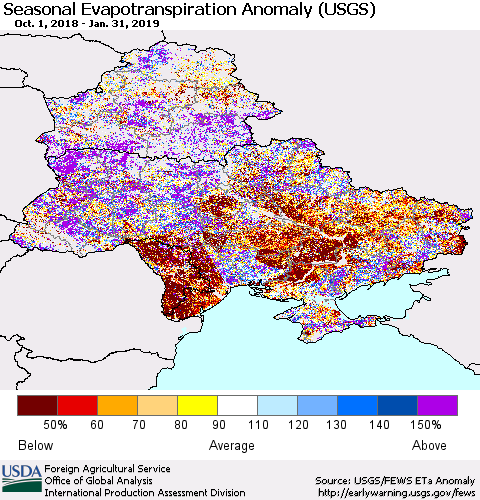 Ukraine, Moldova and Belarus Seasonal Actual Evapotranspiration Anomaly (USGS) Thematic Map For 9/1/2018 - 1/31/2019