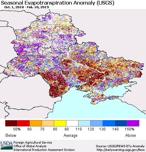Ukraine, Moldova and Belarus Seasonal Actual Evapotranspiration Anomaly (USGS) Thematic Map For 9/1/2018 - 2/10/2019