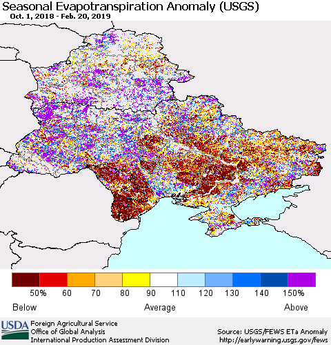 Ukraine, Moldova and Belarus Seasonal Actual Evapotranspiration Anomaly (USGS) Thematic Map For 9/1/2018 - 2/20/2019