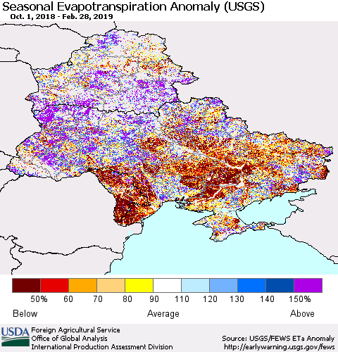 Ukraine, Moldova and Belarus Seasonal Actual Evapotranspiration Anomaly (USGS) Thematic Map For 9/1/2018 - 2/28/2019