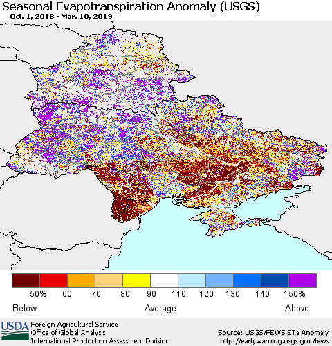 Ukraine, Moldova and Belarus Seasonal Actual Evapotranspiration Anomaly (USGS) Thematic Map For 9/1/2018 - 3/10/2019