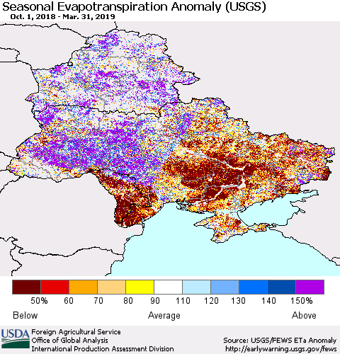 Ukraine, Moldova and Belarus Seasonal Actual Evapotranspiration Anomaly (USGS) Thematic Map For 9/1/2018 - 3/31/2019