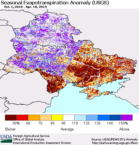 Ukraine, Moldova and Belarus Seasonal Actual Evapotranspiration Anomaly (USGS) Thematic Map For 9/1/2018 - 4/10/2019