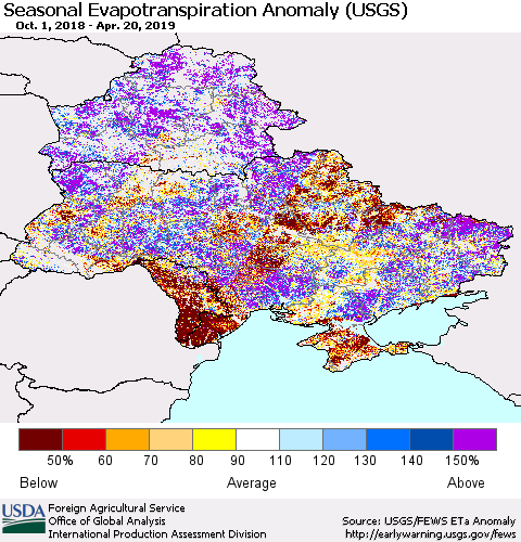 Ukraine, Moldova and Belarus Seasonal Actual Evapotranspiration Anomaly (USGS) Thematic Map For 9/1/2018 - 4/20/2019