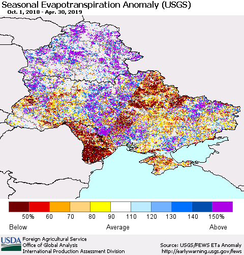 Ukraine, Moldova and Belarus Seasonal Actual Evapotranspiration Anomaly (USGS) Thematic Map For 9/1/2018 - 4/30/2019