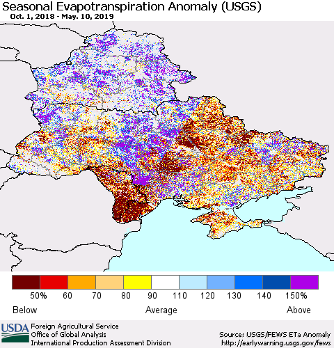 Ukraine, Moldova and Belarus Seasonal Actual Evapotranspiration Anomaly (USGS) Thematic Map For 9/1/2018 - 5/10/2019