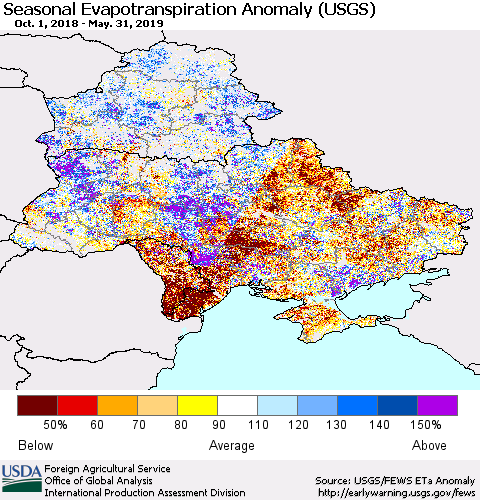 Ukraine, Moldova and Belarus Seasonal Actual Evapotranspiration Anomaly (USGS) Thematic Map For 9/1/2018 - 5/31/2019