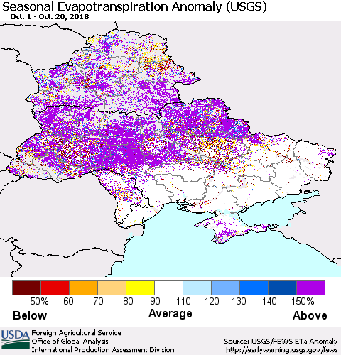 Ukraine, Moldova and Belarus Seasonal Actual Evapotranspiration Anomaly (USGS) Thematic Map For 9/1/2018 - 10/20/2018