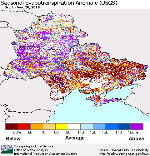 Ukraine, Moldova and Belarus Seasonal Actual Evapotranspiration Anomaly (USGS) Thematic Map For 9/1/2018 - 11/20/2018