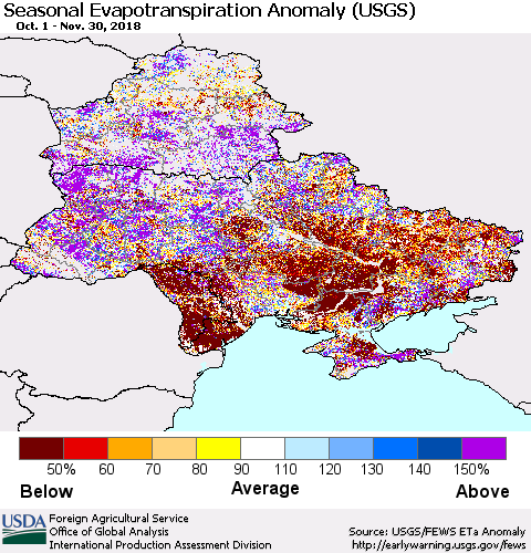 Ukraine, Moldova and Belarus Seasonal Actual Evapotranspiration Anomaly (USGS) Thematic Map For 9/1/2018 - 11/30/2018