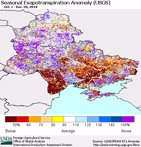 Ukraine, Moldova and Belarus Seasonal Actual Evapotranspiration Anomaly (USGS) Thematic Map For 9/1/2018 - 12/20/2018