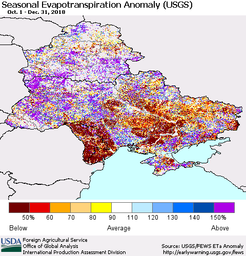 Ukraine, Moldova and Belarus Seasonal Actual Evapotranspiration Anomaly (USGS) Thematic Map For 9/1/2018 - 12/31/2018