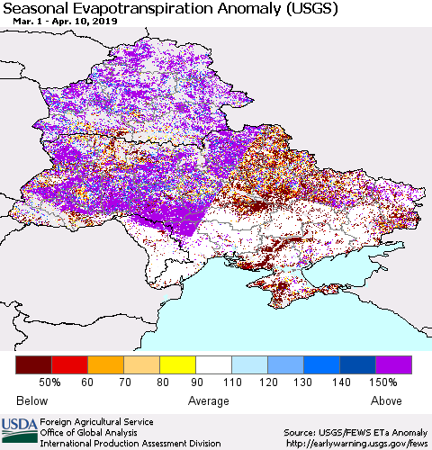 Ukraine, Moldova and Belarus Seasonal Actual Evapotranspiration Anomaly (USGS) Thematic Map For 4/1/2019 - 4/10/2019
