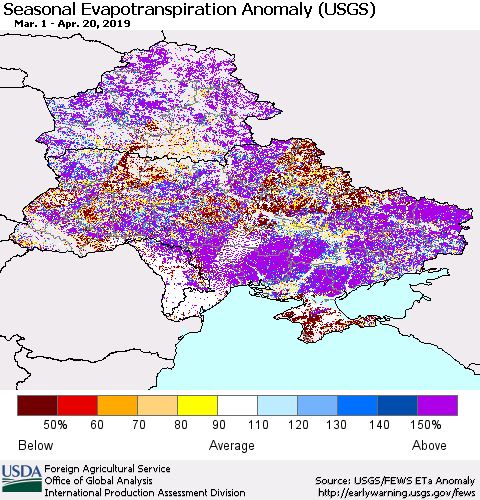 Ukraine, Moldova and Belarus Seasonal Actual Evapotranspiration Anomaly (USGS) Thematic Map For 4/1/2019 - 4/20/2019