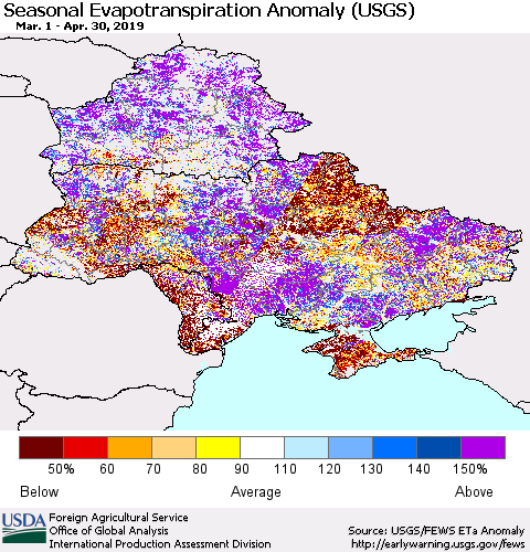 Ukraine, Moldova and Belarus Seasonal Actual Evapotranspiration Anomaly (USGS) Thematic Map For 4/1/2019 - 4/30/2019