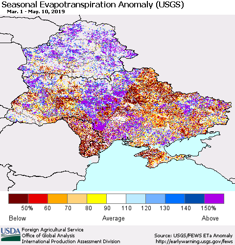Ukraine, Moldova and Belarus Seasonal Actual Evapotranspiration Anomaly (USGS) Thematic Map For 4/1/2019 - 5/10/2019