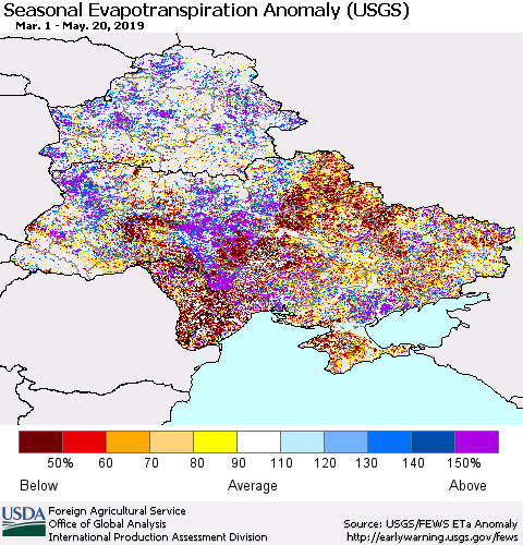 Ukraine, Moldova and Belarus Seasonal Actual Evapotranspiration Anomaly (USGS) Thematic Map For 4/1/2019 - 5/20/2019